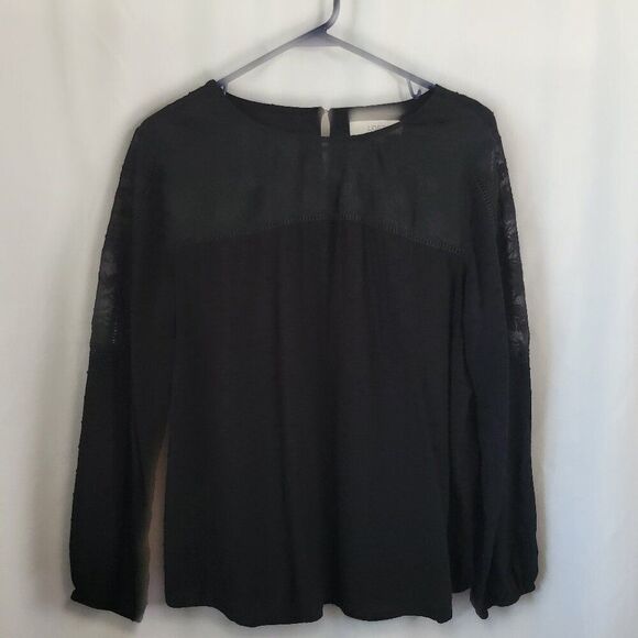 Loft Black Blouse Lace Yoke long sleeves Large Rayon Polyester keyhole EUC - Picture 1 of 12